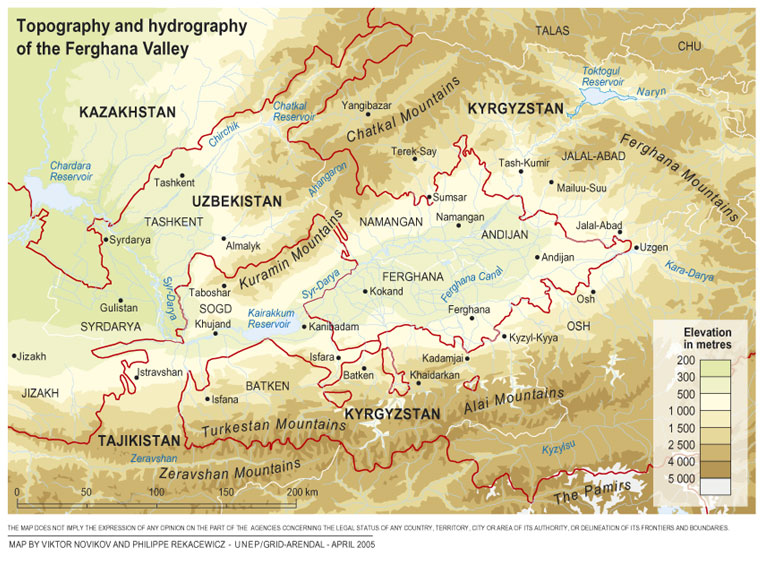 Kaart van de Ferghana-vallei in Oezbekistan en Tadjikistan